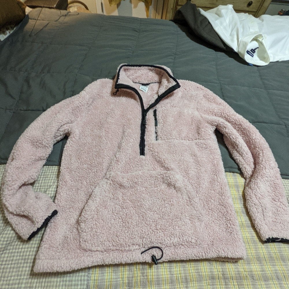 Pink fleece by pink jacket pull over front pockets